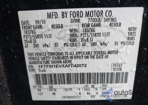 2010 Ford F-150 Fx4/Harley-Davidson/King Ranch/Lariat/Platinum/Xl/Xlt из США, поврежденный, VIN 1FTFW1EVXAFD42072